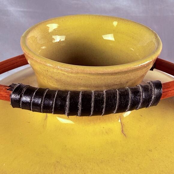 Large Art Pottery Vase Southwest Style MCM Yellow Orange Wood Handles 11” Signed - Picture 6 of 13